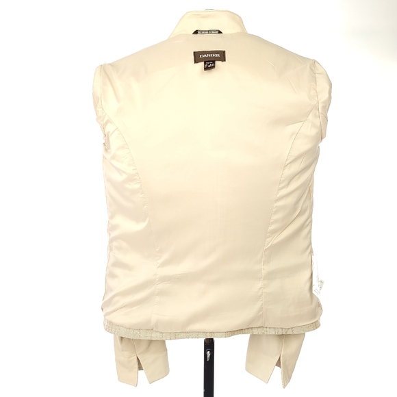 DANIER ITALIAN LEATHER/Tweed Jacket Stand Collar Faux Welt Pockets Cream Sz XS - Picture 9 of 11